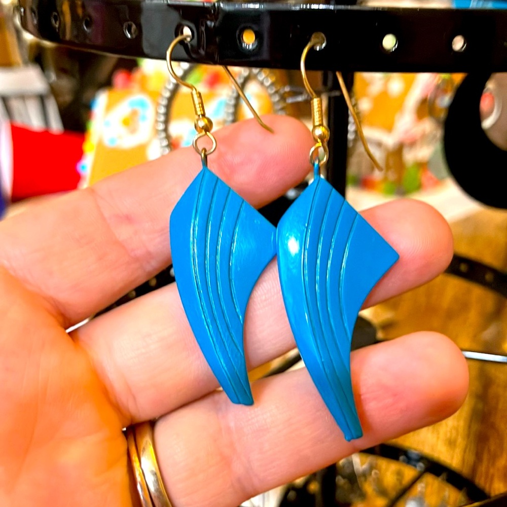 019 - Teal Blue 80s Vibe Dangles On Gold Tone
